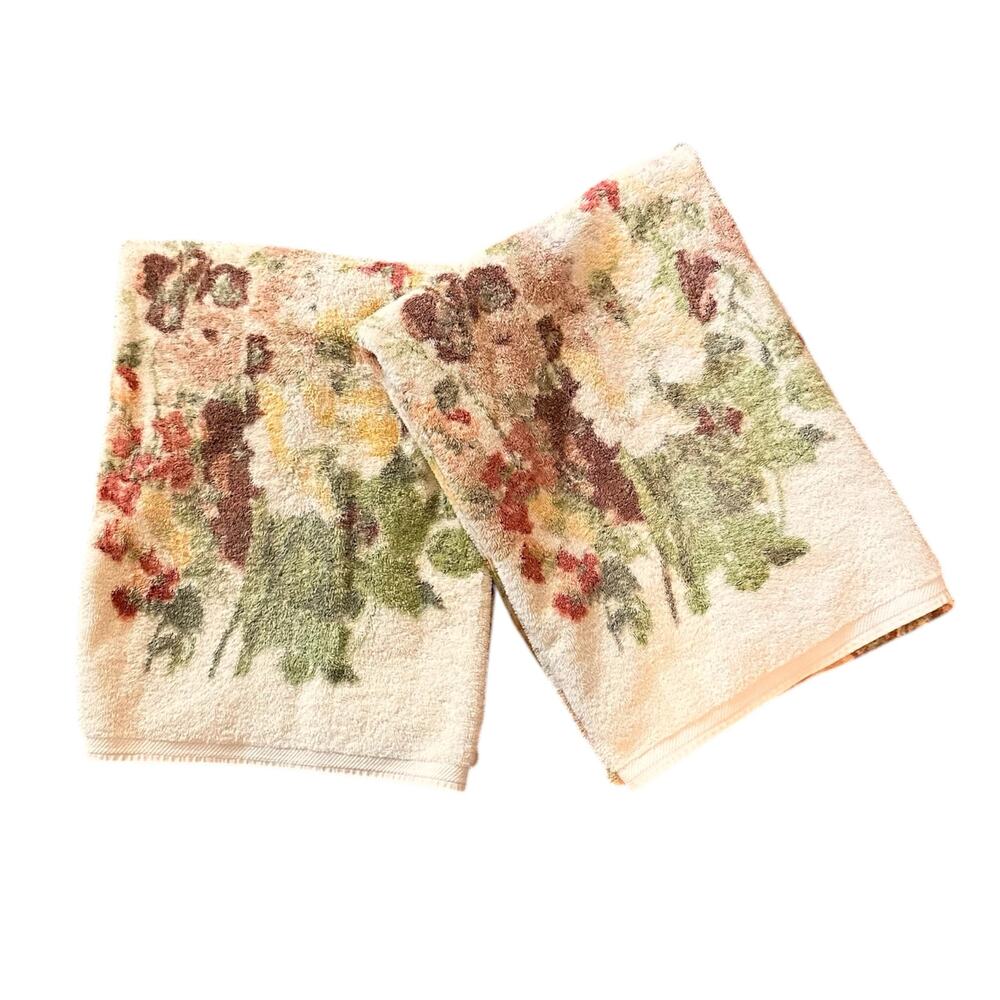 Vintage 70s 80s Cannon Royal Family Bath Towels Pink Floral Cream Green Cottage